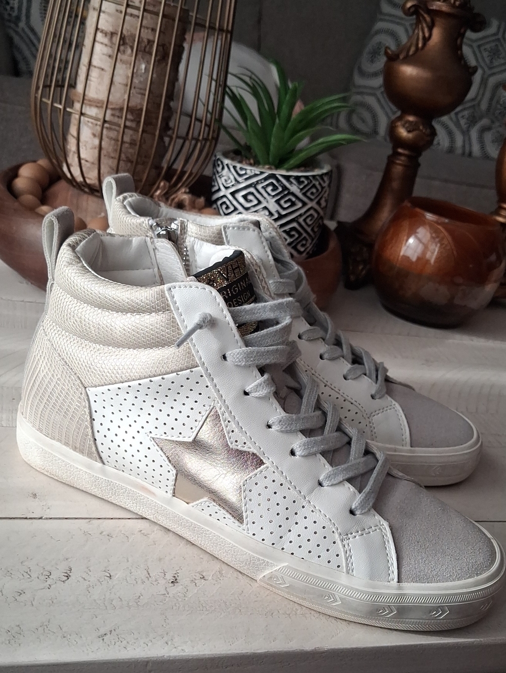 Vintage Havana Women's High-Top Sneakers in White and Metallic Silver